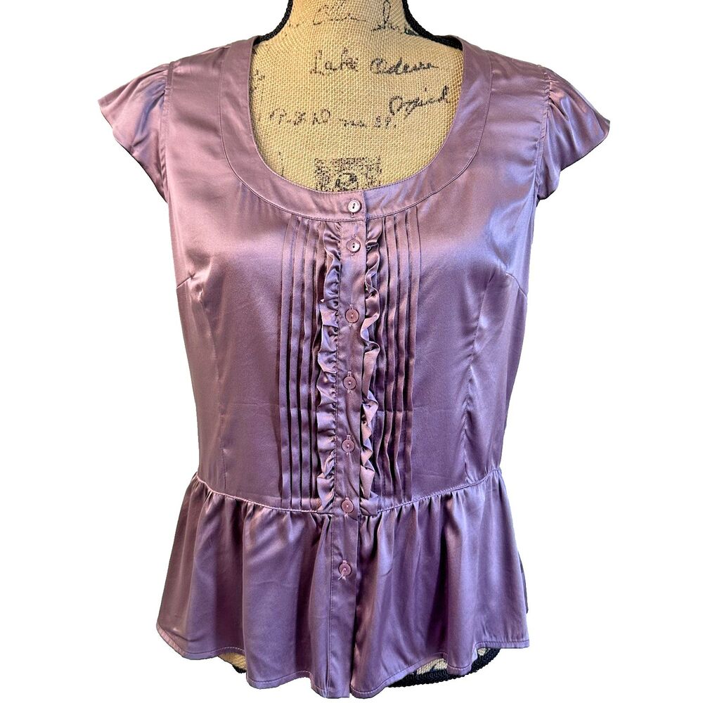Weekend Max Mara Women's Purple Silk Cap Sleeve Peplam Waist Blouse Top Sz M
